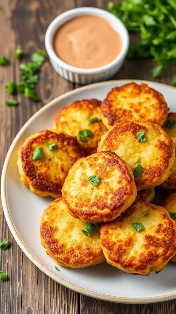 Crispy Mashed Potato Cakes Recipe Crispy mashed potato cakes on a plate, garnished with herbs, served with dipping sauce.